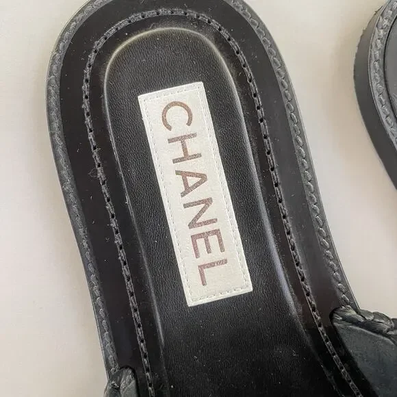 Chanel Black Raffia Sandals With Crystal Embellishments CC Logo 36C - Picture 5 of 14
